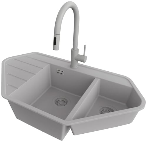 PRIMAGRAN Granitspüle ab 70er Unterschrank + Küchenarmatur, 90x50cm | Set: Küchenarmatur BW9010 + Ablauf-Set (Siphon, Ablaufgarnitur, Überlauf) + Spülbecken 1,5 Becken - Kopenhagen, Alles Grau