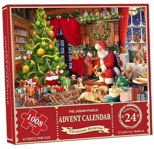 Christmas Advent Calendar 2024, 1008 Pieces Jigsaw Puzzle, 24 Days Christmas by The Fireplace Holiday Countdown Calendar, Advent Puzzle for Adult Kids