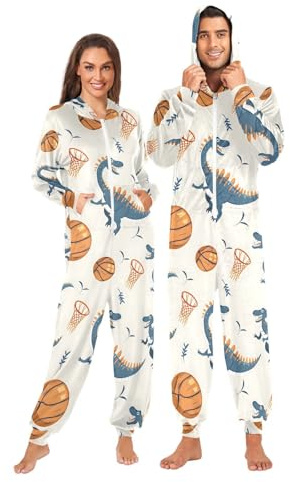 Mnsruu Einteiler für Erwachsene für Männer und Frauen, Dinosaurier, Spiel, Basketball, Einteiler, Overall, Kostüm, mit Kapuze, mehrfarbig, XL