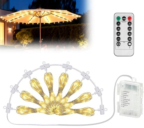 PORFOYO Catena Luminosa Per Ombrellone, Illuminazione Per Ombrellone Con 104 LED, 8 Modalità, Luci Per Ombrellone Da Terrazzo Con Telecomando