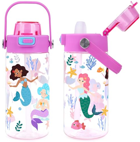 Queenshin Botella de Agua Niñas con Pajita 600ml, a Prueba de Fugas, Sin BPA, Deportiva Botella para Escuelas Exterior(Sirena Colorida)