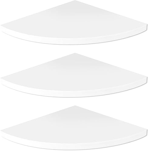 3pcs/6pcs White Corner Shelf, 20cm Wood Wall Mounted Floating Corner Shelf, Minimalist Round End Floating Speaker Shelfs with Fixtures Included for Bedroom Kitchen, Living Room, Bathroom(3pcs)