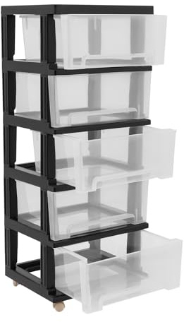 40*33*98cm Kunststoff-Schubladenbox Schubladenschrank aus PP mit 5 Schubladen,Transparente Rollcontainer für Dokumente Kosmetik Spielzeug,Aufbewahrungsschrank für Büro Küche Camping & Schule (Schwarz)