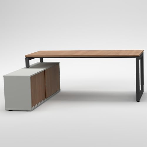 BASExNOVA Premium Schreibtisch-Sideboard-Kombination 180×80 cm – moderner Bürotisch in Weiß / Nussbaum mit integriertem Lowboard, höhenverstellbares O-Gestell 72–81 cm in Graphit, FSC®-zertifiziert