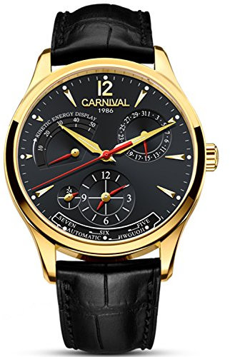 CARNIVAL Herren-Armbanduhr mit kinetischem Display, Automatikuhr, Edelstahl, Saphir, wasserdicht, Leder, Schwarz, Goldfarben/schwarzes Zifferblatt, Mechanisch