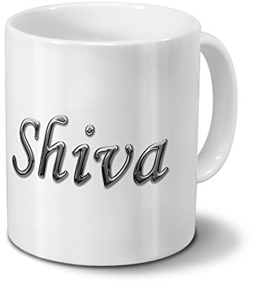 printplanet Tasse mit Namen Shiva - Motiv Chrom-Schriftzug - Namenstasse, Kaffeebecher, Mug, Becher, Kaffeetasse - Farbe Weiß