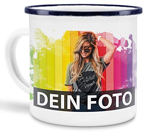 Tassendruck Metall-Tasse selbst gestalten/Personalisierbar mit eigenem Foto oder Text Bedrucken/Fototasse/Motivtasse/Camping/Emaille - Blauer Rand