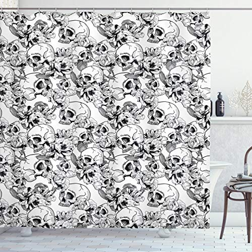 ABAKUHAUS Feier Duschvorhang, Sketch Toten Schädel, Stoffliches Gewebe Badezimmerdekorationsset mit Haken, 175 x 200 cm, Schwarz weiß
