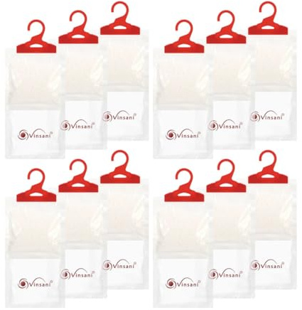 Vinsani 12 Pack Hanging Wardrobe Dehumidifier Bags Moisture Absorber, 500mL | De Humidifiers & Condensation Removers for Damp, Mould & Moisture in Home, Bathroom, Wardrobe & Bedroom
