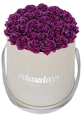 Relaxdays Rosenbox rund, 34 Rosen, stabile Flowerbox grau, Lange haltbar, Geschenkidee, dekorative Blumenbox, lila, Karton, Stoff, PP, 33 x 32 x 32 cm