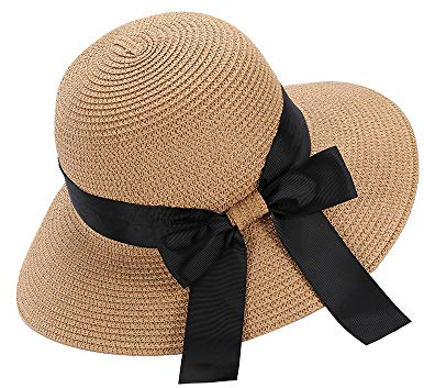 Sombrero De Paja, Mujer Sombreros De Playa De Verano De ala Ancha Sombrero para el Sol Sombrero de Paja de ala Ancha Plegable Protección Anti-UV (Marrón)