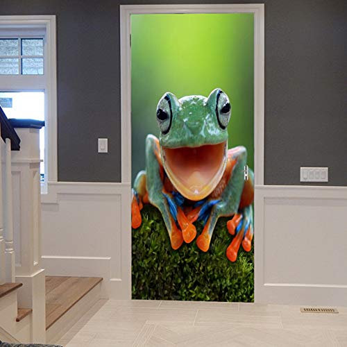 A.Monamour Sticker Porte Autocollant Poster de Porte 3D Portrait D'Une Grenouille Arboricole Avec Bouche Ouverte Souriant Vinyle Affiche de Porte Sticker Mural Papier Peint Art Décor 90 x 200 cm