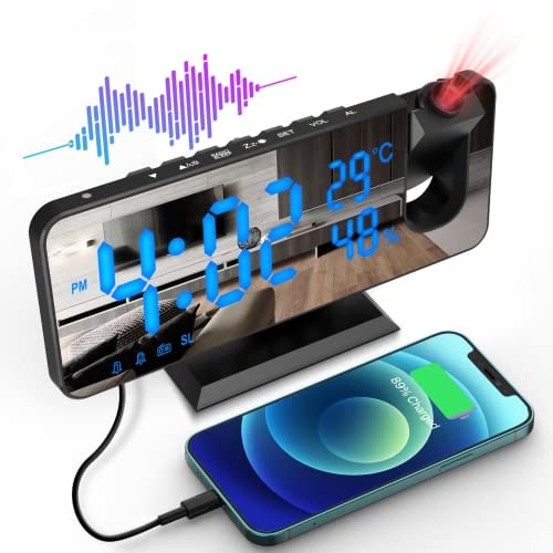 ShinePick Projection Alarm Clock, FM Radio Alarm Clock, Digital Clock with USB Charging Port, Snooze, 7 LED Mirror Display, Dual Alarms, Display Temperature Humidity, Clocks for Bedrooms Office Home