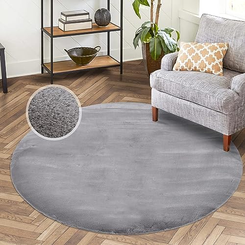 carpet city Hochflor Teppich Wohnzimmer - Einfarbig Grau - 160x160 cm Rund - Super Soft Polyester, Samtig-Flauschiger Flor - Fell-Teppiche für Schlafzimmer, Esszimmer, Arbeitszimmer