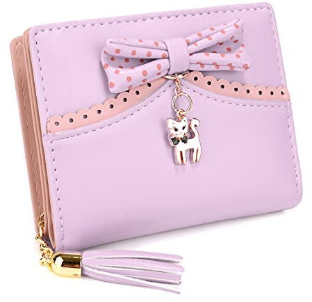UTO Portefeuille Filles Porte-Cartes Femme Organisateur Porte-Monnaie en Cuir PU Gland Zipper Chat Pendentif Petit Mignon Violet