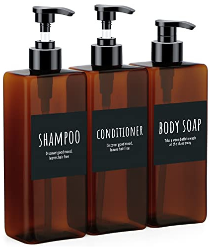 Segbeauty 3 x 500 ml Shampoo-Flaschen, Pumppresse Duschbehälter mit Etiketten, leer, nachfüllbar, Shampoo, Körperseife, Spülung, Duschgel, Kunststoff, Badezimmer, Presse, Lotionspender, Braun