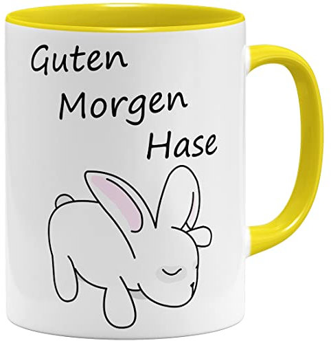 OM3® Guten Morgen Hase Tasse mit Spruch/Tiermotiv | Keramik Becher | 325ml | Beidseitig Bedruckt | Gelb
