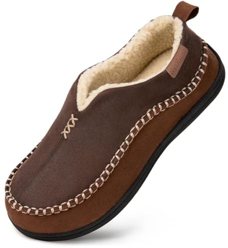EverFoams Men's Micro Suede Memory Foam Moccasin Slippers with Fuzzy Sherpa Lining and Anti-skid Sole Coffee Size 9 UK