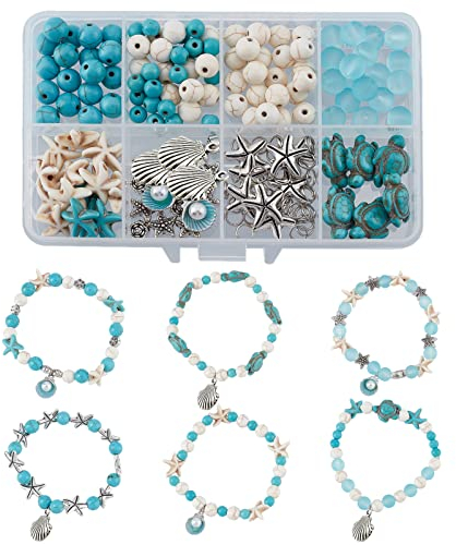 SUNNYCLUE 1 Box DIY 6 Stücke Sommer Ozean Thema Türkis Perlen Armbänder Muschel Charms Armband Herstellung Kit Schildkröten Perlen Für Die Schmuckherstellung Legierung Seesterne Sandale Perlen Halsket