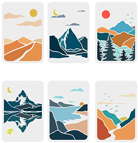 FINGERINSPIRE 6 STK Berge Landschaft Schablone 29.7x21cm Berge Schablonen Vorlage Kunststoff Mond Sonne Fluss Baum Schablonen DIY Natur Landschaft Schablone Für Wohnkultur Berge Malerei Handwerk