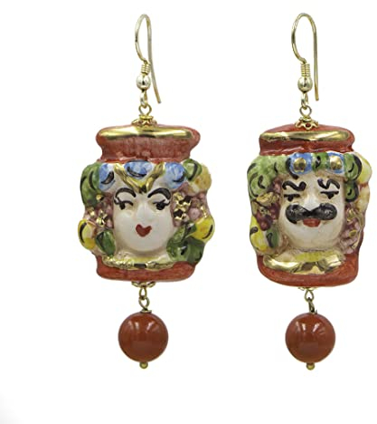 MARARDI Ohrringe Damen Italienische [Rot und Gold] Keramik aus Caltagirona [Testa di Moro] Lange Handmade Italienischer Schmuck Elegant Originale für Alltag Events Hochzeiten besondere Anlässe