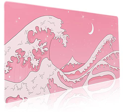 Pink Japanese Anime Gaming Mouse Pad XXL Cute Kawaii Aesthetic Wave Extended Big Large Desk Mat Non-Slip Rubber Base Stitched Edge Long Keyboard Mousepad for PC Computer Laptop,35.4×15.7 in