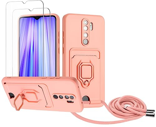 Zallagre Handykette Hülle kompatibel mit Redmi Note 8 Pro.[2 Stück] Schutzfolie Glas,Kameraschutz,360 Grad Ringhalter Stand,Kartenfach,Silikon hülle-Rosa