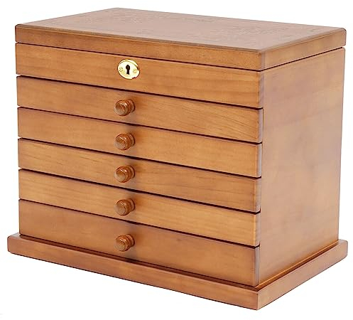 TaNeHaKi Holz Schmuckkasten,6 Schichten Schmuckkoffer,Schmuckaufbewahrung,Schmuckschatulle Mit Spiegel FüR Ringe, Ohrringe