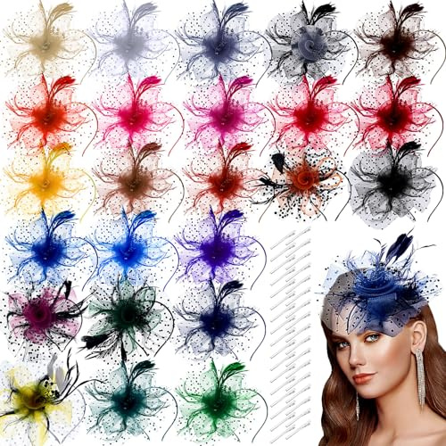 Glitinsel 24 Pack Fascinators Hats for Women Tea Party Bulk Vintage Feather Mesh Derby Hats with Headbands and Clips for 1920s Church Wedding Cocktail Headpieces