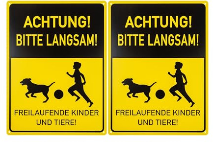 Warnschild ACHTUNG! BITTE LANGSAM! FREILAUFENDE KINDER UND TIERE!, 2 Stück, 40 x 30 cm, 1 mm starkes PVC Schild mit Bohrlöchern, Hinweisschild Spielstraße, Achtung Kinder Schilder, Autofahrer Sign