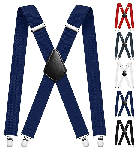 Aomig Hosenträger für Herren, Hosenträger Herren Extra Stark Breit 3,5 Cm mit Sehr Starken 4 Metall Clips, Einstellbar und Elastisch Einheitsgröße Hosenträger für Männer und Damen, X Style(Blau)