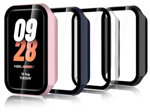 Bigqin 4 Piezas Funda Compatible con Xiaomi Smart Band 8 Active/Redmi Smart Band 2, Protector de Pantalla Compatible con Xiaomi Smart Band 8 Active/Redmi Smart Band 2- Transparente/negro/azul/rosa