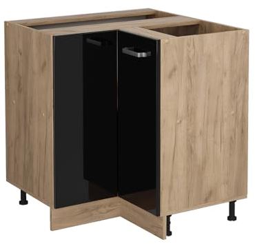 Vicco Eckunterschrank R-Line, Schwarz Hochglanz/Goldkraft Eiche, 75.6 cm ohne Arbeitsplatte