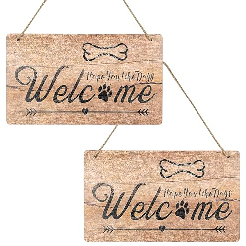 2 Pezzi Targhetta Porta Ingresso Personalizzata, Welcome, Hope You Like Dogs Decorazioni Casa di Legno, 26 × 15 × 0.5cm Personalizzata Idea Regalo, per Amanti dei Cani