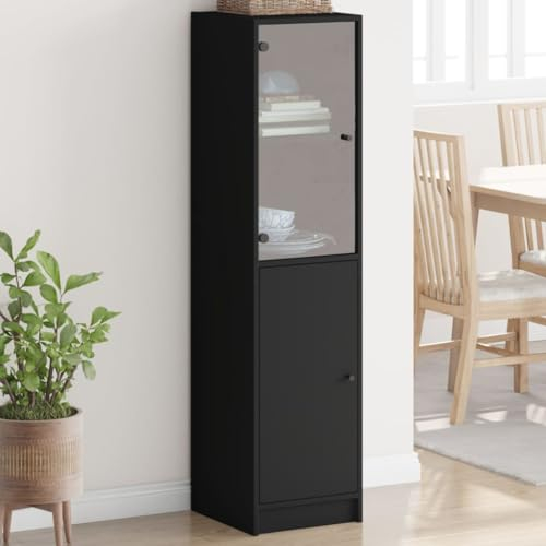 Gecheer Buffet avec Porte en Verre Noir 35x37x142 cm, Meuble de Rangement avec Compartiment, Armoire Commode de Cuisine pour Salon, Chambre à Coucher et Salle à Manger