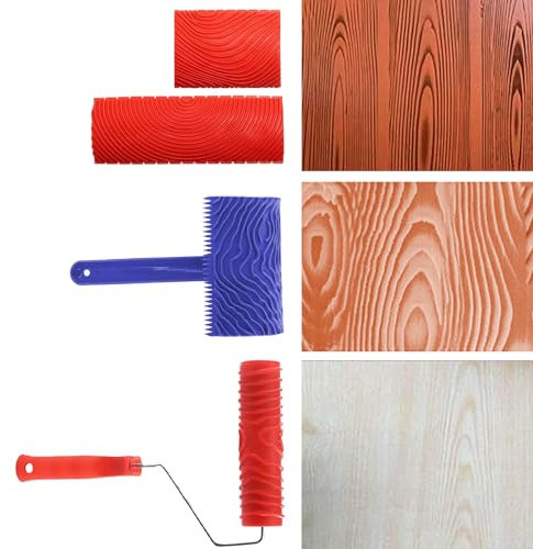 Rodillos de Grano de Madera, 4 Piezas Herramienta de Grano de Madera, Cepillo de Rodillo de Pintura de Grano, para Decoración Mural DIY, Rojo, Azul
