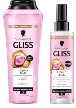 Gliss Shampoo Liquid Silk (250 ml) Haarshampoo mit Ceramiden & Seide, Glanz-Shampoo & Express-Repair-Spülung Liquid Silk (200 ml), Haarspülung, Pflegespülung mit Hitzeschutz