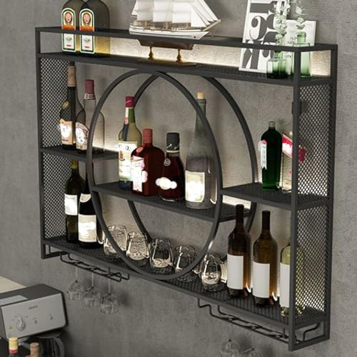 Porte-Bouteilles Muraux Industriels, Casier À Vin en Métal,Porte-Verre À Vin Suspendu Mural pour Bar Boissons,Étagères Polyvalentes,Étagère Murale en Verre pour Cuisine (Size:120cm/47.2in,Color:noir)