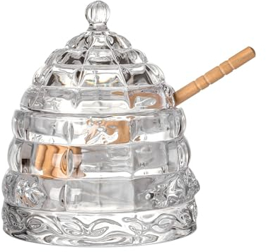 FIYSON Pot à miel en verre de 330 ml, avec couvercle et cuillère en bois, transparent, en forme de ruche, distributeur de miel, récipient pour confiture, gelée et sirop, cuisine et décoration