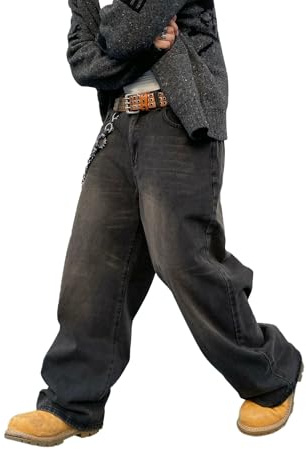 DFGIGT Men's Baggy Hip Hop Jeans Wide Leg Skater Denim Pants Casual Loose Fit Long Trousers Streetwear Jinco Oversized Relaxed Y2k 2000s Extreme Motion Skateboard,A10 Black,Small
