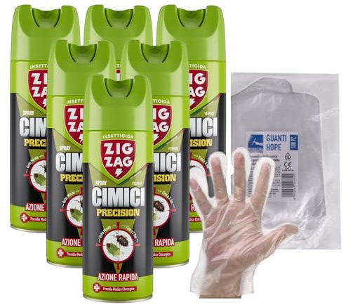 Zig Zag Insetticida Spray Inodore CIMICI. Ideale Contro Le Cimici e i Loro Nidi, Efficacia Fino a 2.5 m, Presidio Medico Chirurgico 300ml + OMAGGIO 100pz Guanti HDPE Monouso (6 Spray+1CF Guanti)