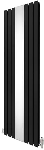 Flat Panel Radiator with Mirror 1800mm x 565mm & TRV Chrome Valves Designer Double Column Vertical Black Carbon Steel Wall Mounted Kitchen Living Room Cleaning Brush Fixing Kit & Brackets