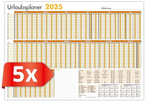 PRIMUS PRINT - Mitarbeiter Urlaubsplaner - Wandkalender 2025 - Monatskalender - A1-594x841mm - bis zu 20 Mitarbeiter - Urlaubskalender - inklusive Feiertagen - diverse Ausführungen [5x Gefalzt Orange]