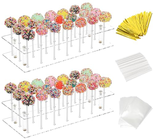 SAMSYOKI 2 Stück Cake Pop Ständer, 21 Löcher Lollipop Halter mit 100 Cake Pop Stiele, Lollipop-Tüten und Kabelbinder Lutscher Ständer Acryl für Hochzeit Geburtstag Dessert Tisch Party Deko