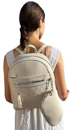 MIGURA Beigefarbener Rucksack für Damen, aus PU-Leder, elegant, mittelgroß, anpassbar, geräumig, mit Reißverschluss, lässig, modisch, Alltag, Reisen, multifunktional, extra Fach, beige