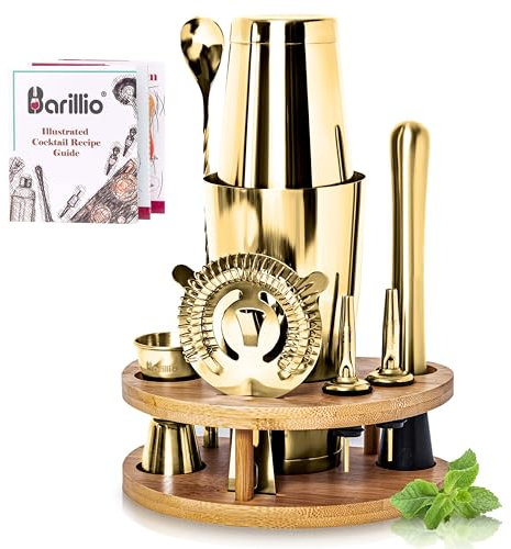 Barillio Gold Mixology Barkeeper-Set mit Ständer, Cocktail-Shaker-Set mit Bambus-Ständer, Boston Drink Shaker, Mojito Muddler und Drink Mixer Löffel, 9-teiliges Bar-Werkzeug-Set, Barzubehör für