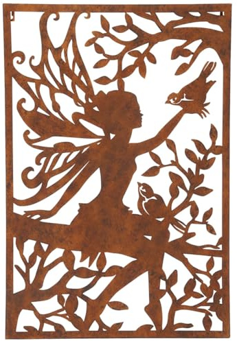 Shabby Chic Wandbild Elfe in Rost zum hängen - Edle wetterfeste Wanddeko aus Eisen zum Aufhängen für Garten und Wohnzimmer - Vintage Metallkunst 76 cm mit Fee im Landhausstil Outdoor hängend