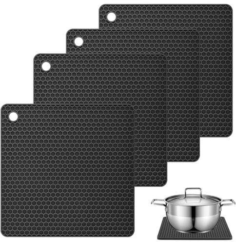 4 Piezas Salvamanteles de Silicona Multiusos, Protector de Silicona para Ollas de Entre, Soporte para Ollas Impermeable y Antideslizante, Salvamanteles para Ollas y Sartenes Calientes (Negro)