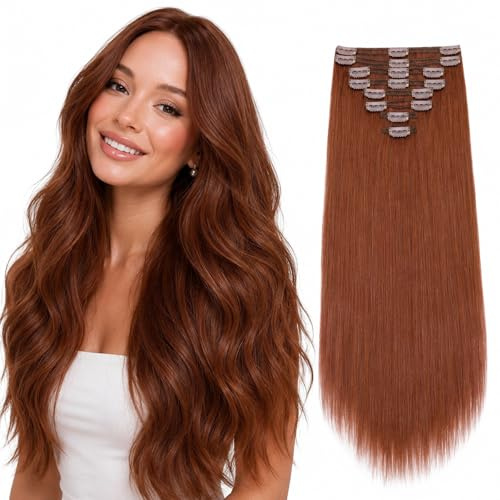 Elailite Double Weft Clip in Hair Extensions Real Human Hair Thick 8 Pieces Full Head Straight - #33 Dark Auburn - 20 Inch (150 g)