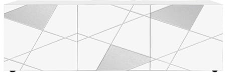AltoBuy Oriana - Meuble TV 3 Portes Finition Blanc Laqué Weiss avec Sérigraphies et Miroirs